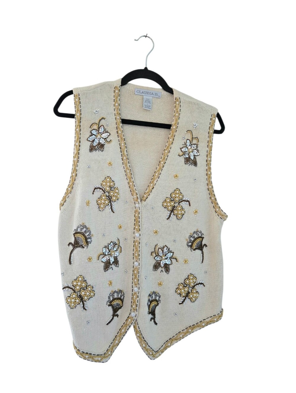 Claudia D. Beaded Floral Cream Vest Sze L